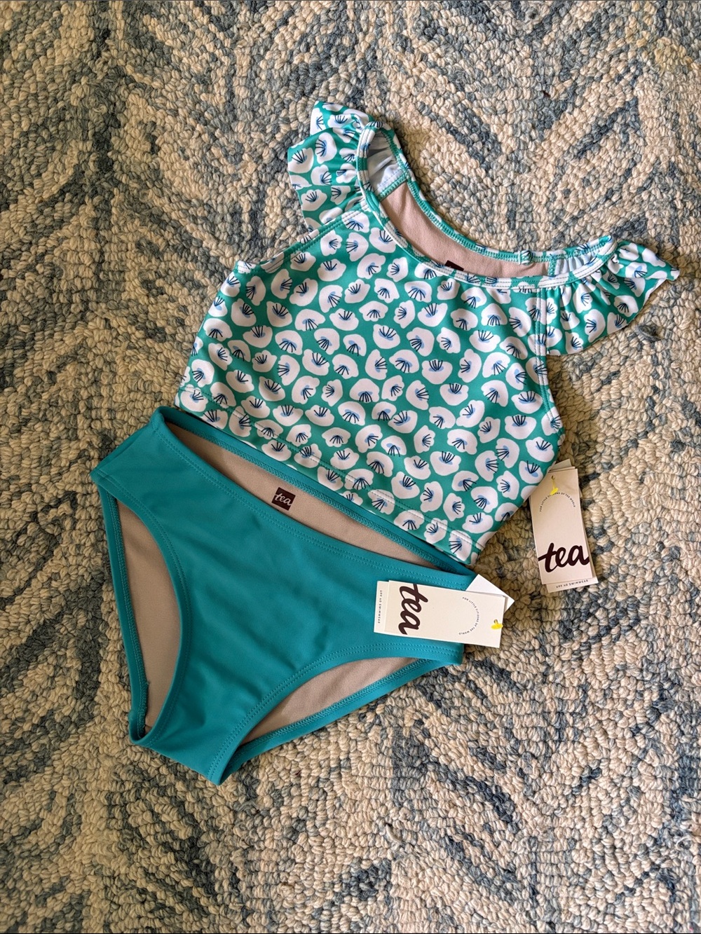 NWT Tea Collection Teal Floral Ruffle Two-Piece Swim Set